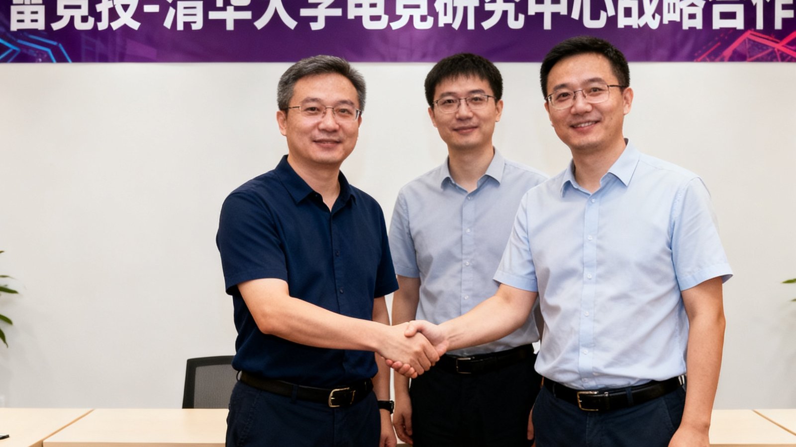 雷竞技与清华大学电竞研究中心战略合作签约仪式现场，双方代表握手合影，背景显示合作主题横幅