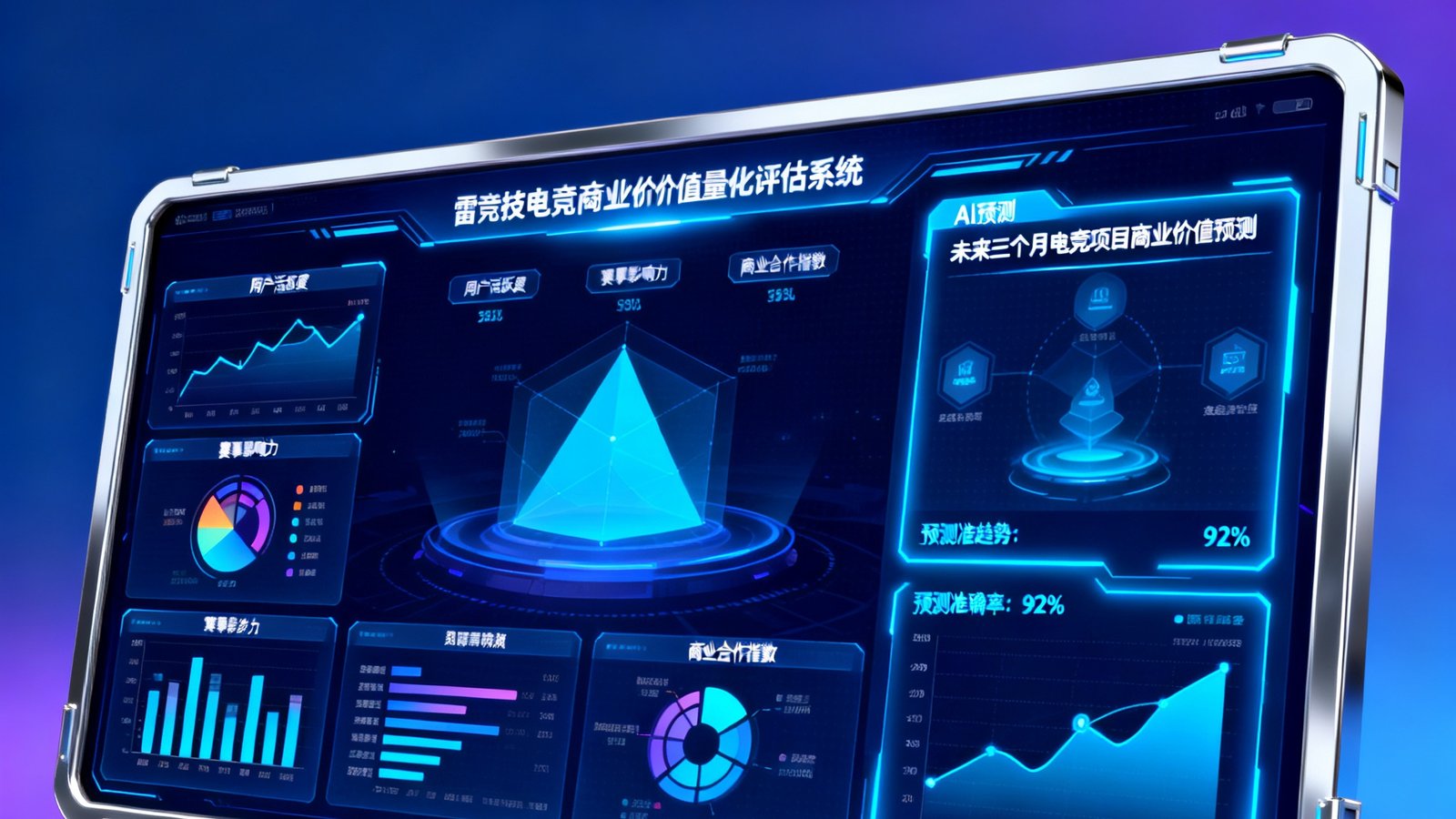 雷竞技电竞商业价值量化评估系统EBVAS3.0版本的软件界面截图，展示全新的数据可视化仪表盘和AI预测模块