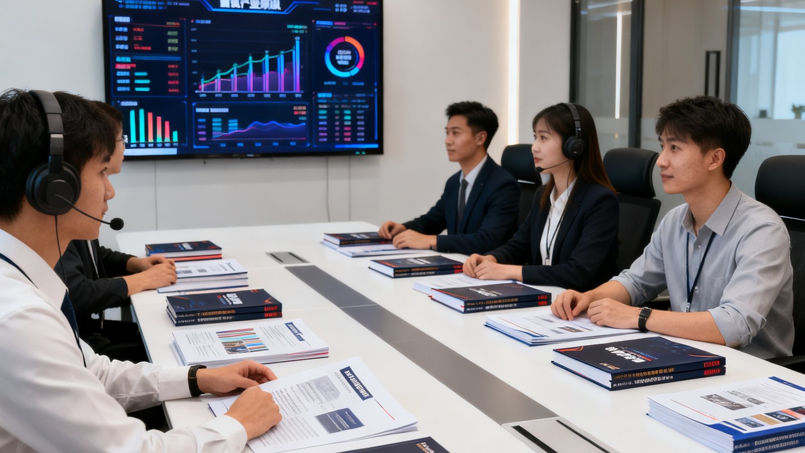 雷竞技客户服务团队在现代化办公室内准备就绪，桌面上整齐摆放着精心装订的电竞产业研究报告，背景屏幕显示实时数据