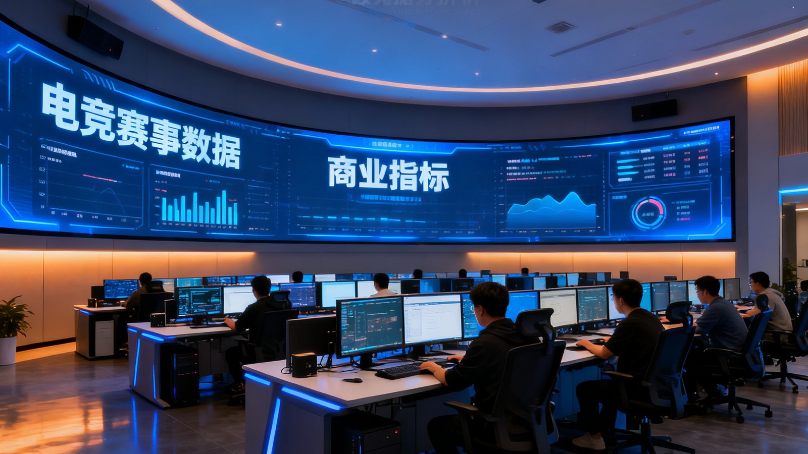雷竞技北京总部电竞数据分析中心全景，大型曲面屏幕墙上实时滚动着电竞赛事数据与商业指标，分析师们正在多屏幕工作站前专注地进行产业研究分析