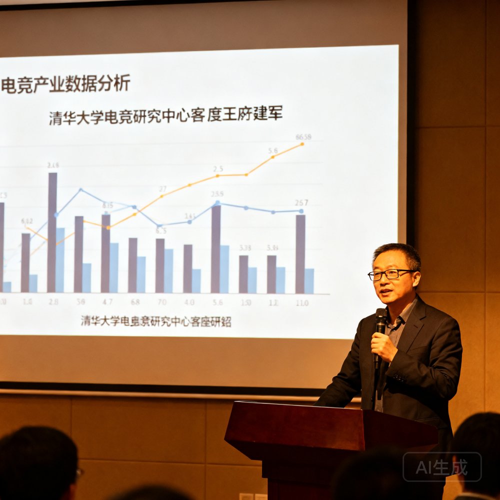 清华大学电竞研究中心客座研究员王建国教授，戴着眼镜在学术讲座上发言，身后投影屏幕显示电竞产业数据分析图表
